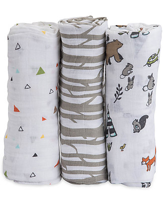 Little Unicorn Set regalo di 3 Maxi Copertine Swaddle Milleusi Forest Friends 120 x 120 cm - 100% Mussola di Cotone Copertine Swaddles