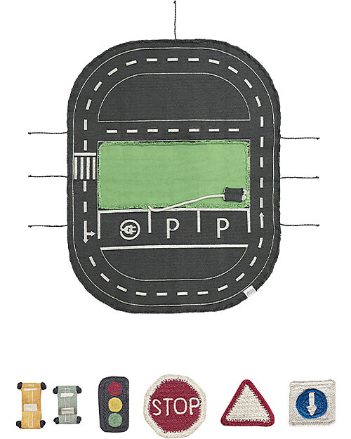 Lorena Canals Eco City Set - Tela/Semaforo/3 Cartelli stradali/2 Auto - Dimensioni 50x65cm - New Green Toys Collection Tappeti Gioco