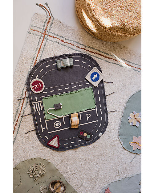 Lorena Canals Eco City Set - Tela/Semaforo/3 Cartelli stradali/2 Auto - Dimensioni 50x65cm - New Green Toys Collection Tappeti Gioco