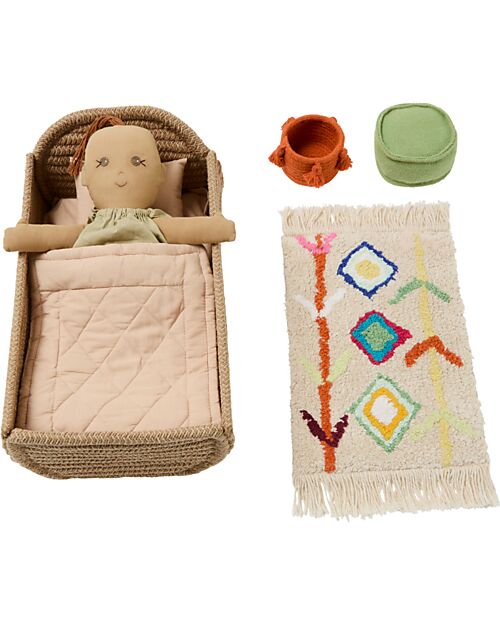 Lorena Canals Nari Set - Culla/Tappeto/Cestino/Pouf - 100% Materiale Riciclato - Mini Lorena Collection - 22 x 32 x 16 cm Bambole