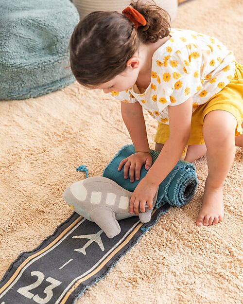 Lorena Canals Set Ride & Roll Airplane - Aereo + Pista - Grigio/Azzurro/Verde - Pista Lunga 4 Metri Tappeti Gioco