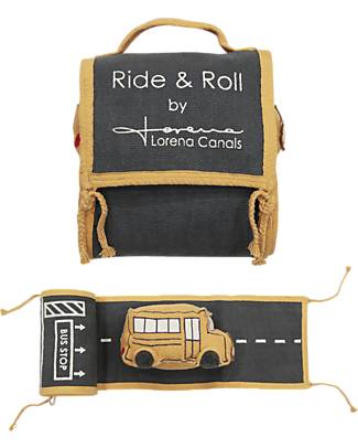 Lorena Canals Set Ride & Roll School Bus - Bus + Pista - Eco City - Miele/Grigio/Rosso - Pista lunga 4 metri! Macchine e Trenini in Legno
