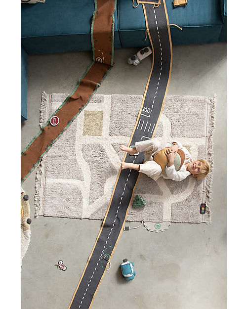 Lorena Canals Set Ride & Roll School Bus - Bus + Pista - Eco City - Miele/Grigio/Rosso - Pista lunga 4 metri! Tappeti Gioco