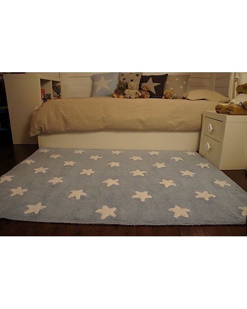 Lorena Canals Tappeto Lavabile Stelle Bianche, Azzurro - 100% Cotone (120cm x 160cm) Tappeti Arredo