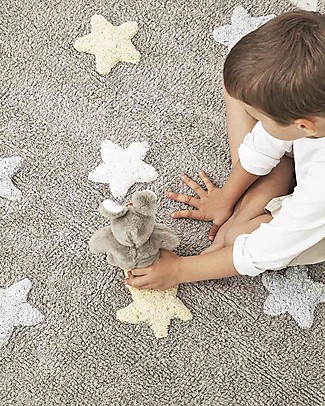 Lorena Canals Tappeto Lavabile Stelle Tricolore - Grigio/Azzurro, 100% Cotone (120cm x 160cm) Tappeti