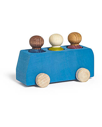 Lubulona Bus con 3 Figure - Blu - Legno di Faggio FSC-PEFC Costruzioni in Legno