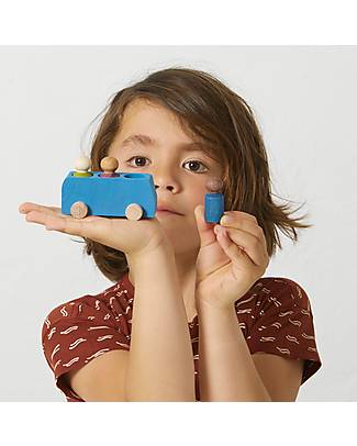 Lubulona Bus con 3 Figure - Blu - Legno di Faggio FSC-PEFC Costruzioni in Legno