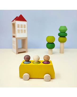 Lubulona Bus con 3 Figure - Giallo - Legno di Faggio FSC-PEFC Costruzioni in Legno