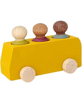 Lubulona Bus con 3 Figure - Giallo - Legno di Faggio FSC-PEFC Costruzioni in Legno