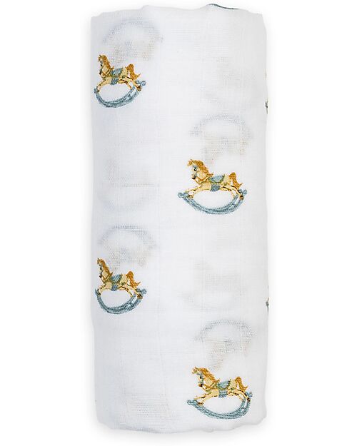 Lulujo Baby Copertina Swaddle 100x100 cm - Cavallo a Dondolo - 100% Mussola di Cotone Swaddle di Mussola
