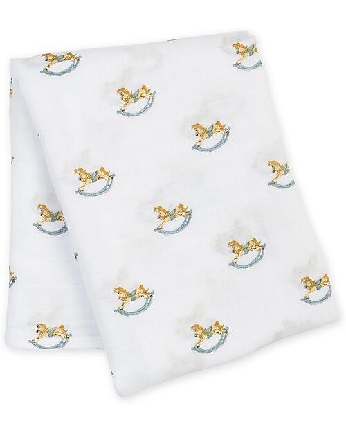 Lulujo Baby Copertina Swaddle 100x100 cm - Cavallo a Dondolo - 100% Mussola di Cotone Swaddle di Mussola