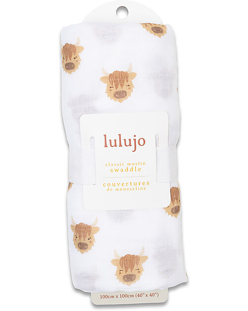 Lulujo Baby Copertina Swaddle 100x100 cm - Mucca Highlander - 100% Mussola di Cotone Swaddle di Mussola