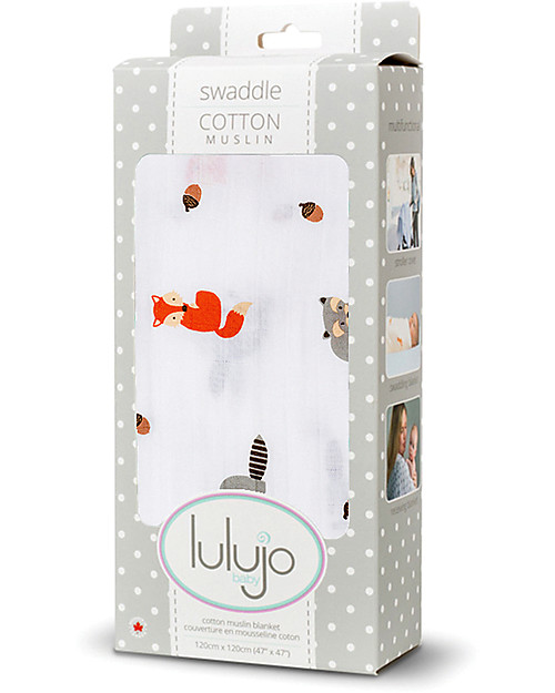 Lulujo Baby Copertina Swaddle 120 x 120 cm, Amici del Bosco - 100% mussola di cotone Swaddle di Mussola