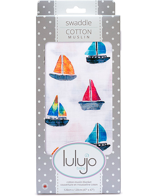 Lulujo Baby Copertina Swaddle 120 x 120 cm, Barchette - 100% mussola di cotone Swaddle di Mussola