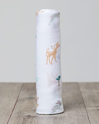 Lulujo Baby Copertina Swaddle 120 x 120 cm, Cerbiatti e Coniglietti - 100% mussola di cotone Copertine Swaddles