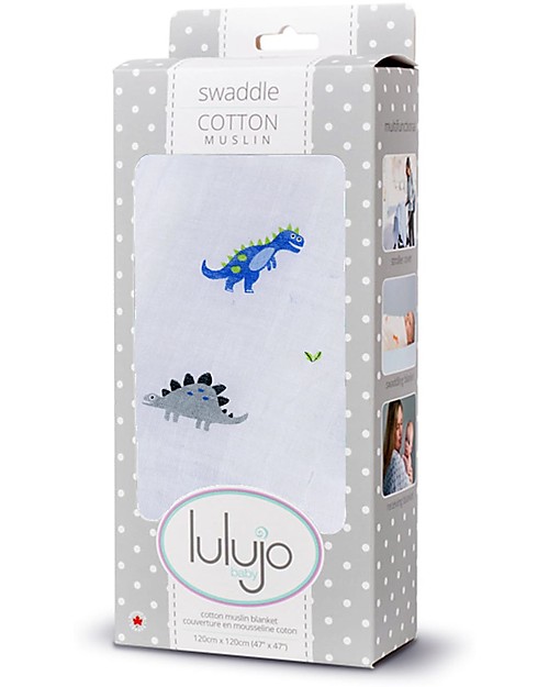 Lulujo Baby Copertina Swaddle 120 x 120 cm, Dinosauri -100% mussola di cotone Swaddle di Mussola