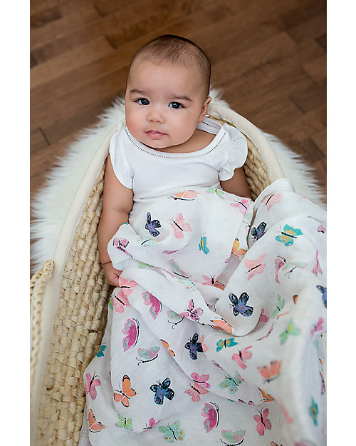 Lulujo Baby Copertina Swaddle 120 x 120 cm, Farfalle - 100% mussola di cotone Swaddle di Mussola