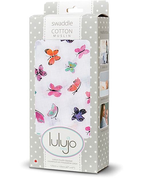 Lulujo Baby Copertina Swaddle 120 x 120 cm, Farfalle - 100% mussola di cotone Swaddle di Mussola