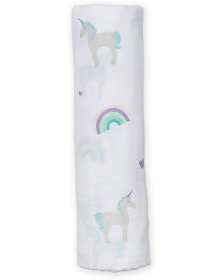 Lulujo Baby Copertina Swaddle 120 x 120 cm, Unicorni - 100% mussola di cotone Copertine Swaddles