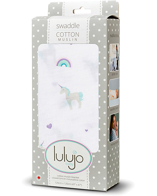 Lulujo Baby Copertina Swaddle 120 x 120 cm, Unicorni - 100% mussola di cotone Swaddle di Mussola