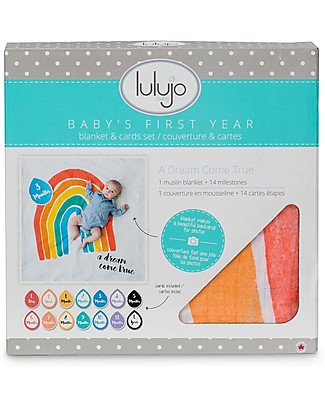 Lulujo Baby Kit Primo Anno A Dream Come True - Copertina Swaddle in Mussola di Cotone + 14 Cards - Per i bebé più social! Swaddle di Mussola