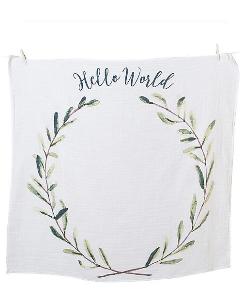 Lulujo Baby Kit Primo Anno Hello World - Copertina Swaddle in Mussola di Cotone + 14 Cards - Per i bebè più social! Swaddle di Mussola