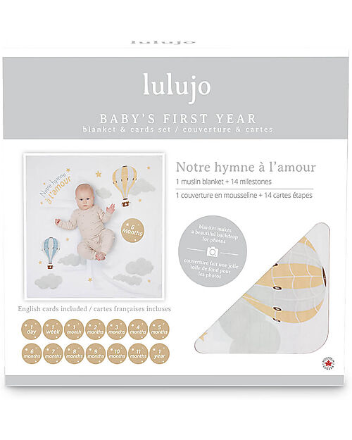 Lulujo Baby Kit Primo Anno Notre Hymne a l'Amour - Copertina Swaddle in Mussola di Cotone + 14 Cards - Per I Bebè più Social Swaddle di Mussola
