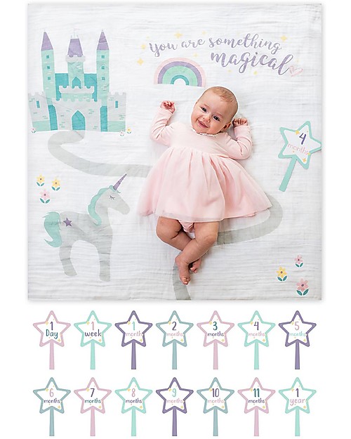 Lulujo Baby Kit Primo Anno Something Special - Copertina Swaddle in Mussola di Cotone + 14 Cards - Per i bebé più social! Swaddle di Mussola