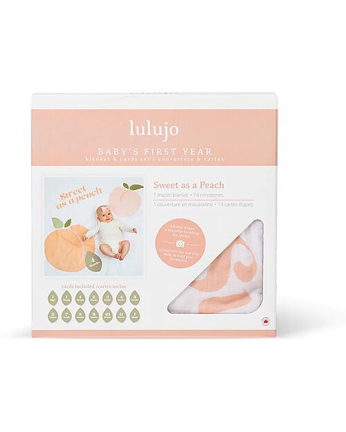 Lulujo Baby Kit Primo Anno Sweet as a Peach - Copertina Swaddle in Mussola di Cotone + 14 Cards - Per I Bebè più Social Swaddle di Mussola