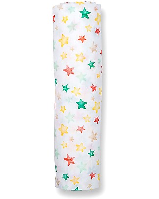 Lulujo Baby OUTLET Copertina Swaddle 120 x 120 cm, Pioggia di Stelle - 100% mussola di cotone - Pezzo di Showroom Copertine Swaddles