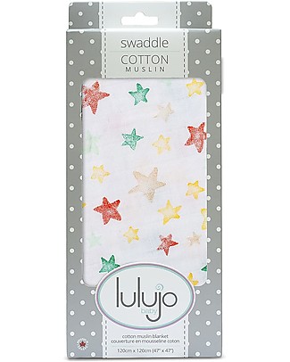 Lulujo Baby OUTLET Copertina Swaddle 120 x 120 cm, Pioggia di Stelle - 100% mussola di cotone - Pezzo di Showroom Copertine Swaddles