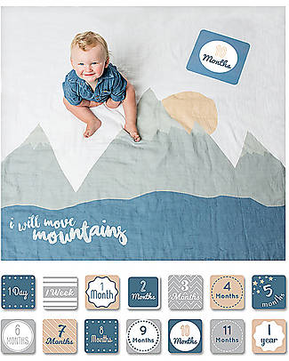 Lulujo Baby OUTLET - Kit Primo Anno I Will Move Mountains - Copertina Swaddle in Mussola di Cotone + 14 Cards - Per i bebé più social! - Pezzo di Showroom Swaddle di Mussola