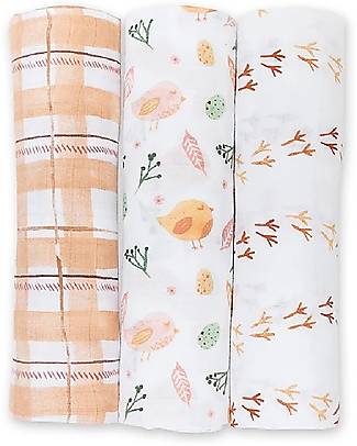 Lulujo Baby OUTLET - Set 3 Copertine Swaddle 120 x 120 cm, Uccellini Beige - 100% mussola di cotone - Pezzo di Showroom Copertine Swaddles