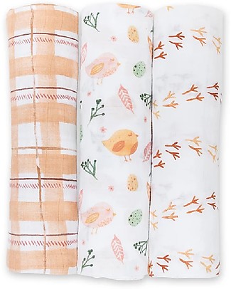 Lulujo Baby Set 3 Copertine Swaddle 120 x 120 cm, Uccellini Beige - 100% mussola di cotone Copertine Swaddles