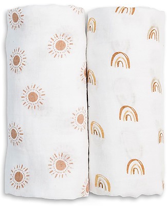 Lulujo Baby Set di 2 Copertine Swaddle 100 x 100 cm - 100% Cotone - Arcobaleno+Sole Copertine Swaddles