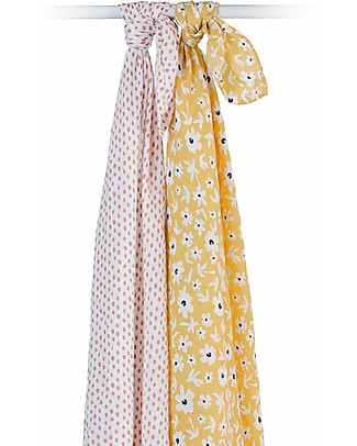 Lulujo Baby Set di 2 Copertine Swaddle 100 x 100 cm - 100% Cotone - Fiori di Campo+Pallini Copertine Swaddles