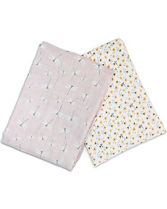 Lulujo Baby Set di 2 Copertine Swaddle 100 x 100 cm - 100% Cotone - Floreale Vintage+Libellula Copertine Swaddles