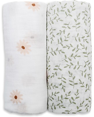 Lulujo Baby Set di 2 Copertine Swaddle 100 x 100 cm - 100% Cotone - Margherite+Vegetazione Copertine Swaddles