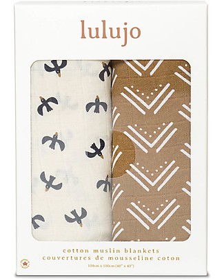 Lulujo Baby Set di 2 Copertine Swaddle 100 x 100 cm - 100% Cotone - Mudcloth+Uccelli Copertine Swaddles