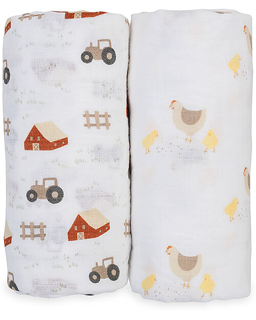 Lulujo Baby Set di 2 Copertine Swaddle 100 x 100 cm - Barnyard/Hen & Chicks - 100% mussola di cotone Swaddle di Mussola