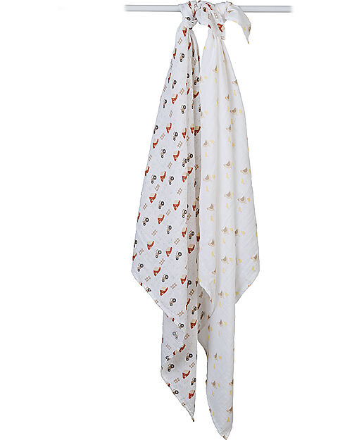 Lulujo Baby Set di 2 Copertine Swaddle 100 x 100 cm - Barnyard/Hen & Chicks - 100% mussola di cotone Swaddle di Mussola