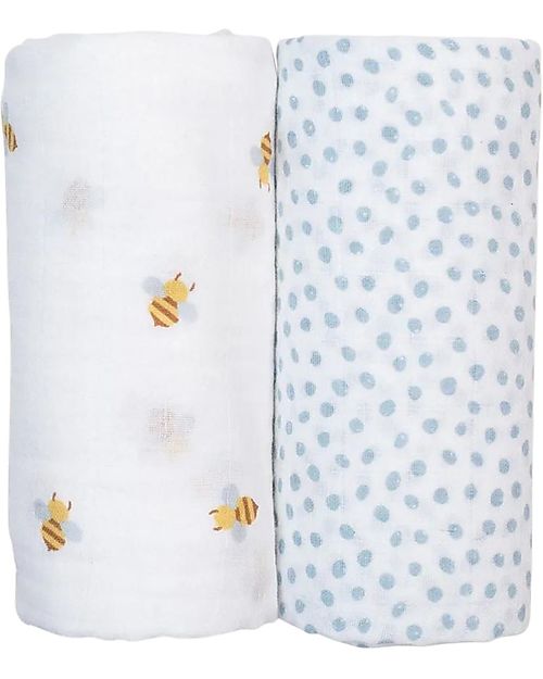 Lulujo Baby Set di 2 Copertine Swaddle 100 x 100 cm - Bees/Dots - 100% mussola di cotone Swaddle di Mussola