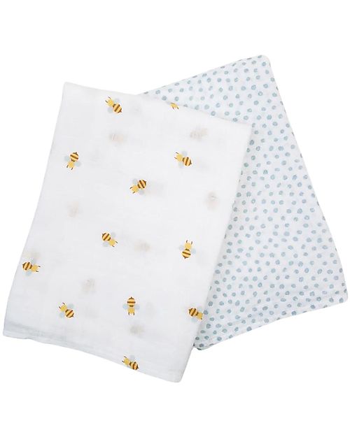 Lulujo Baby Set di 2 Copertine Swaddle 100 x 100 cm - Bees/Dots - 100% mussola di cotone Swaddle di Mussola