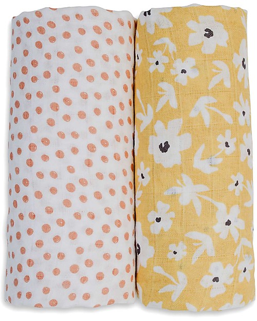 Lulujo Baby Set di 2 Copertine Swaddle 100 x 100 cm - Boho - 100% Cotone - Fiori di Campo+Pallini Swaddle di Mussola