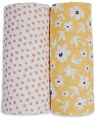 Lulujo Baby Set di 2 Copertine Swaddle 100 x 100 cm - Boho - 100% Cotone - Fiori di Campo+Pallini Swaddle di Mussola