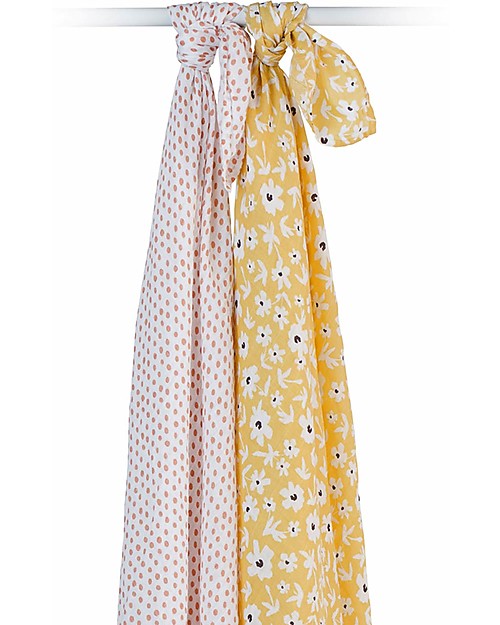 Lulujo Baby Set di 2 Copertine Swaddle 100 x 100 cm - Boho - 100% Cotone - Fiori di Campo+Pallini Swaddle di Mussola