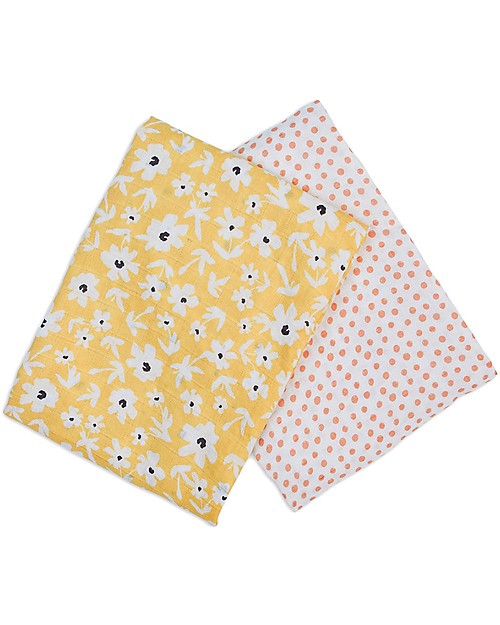 Lulujo Baby Set di 2 Copertine Swaddle 100 x 100 cm - Boho - 100% Cotone - Fiori di Campo+Pallini Swaddle di Mussola