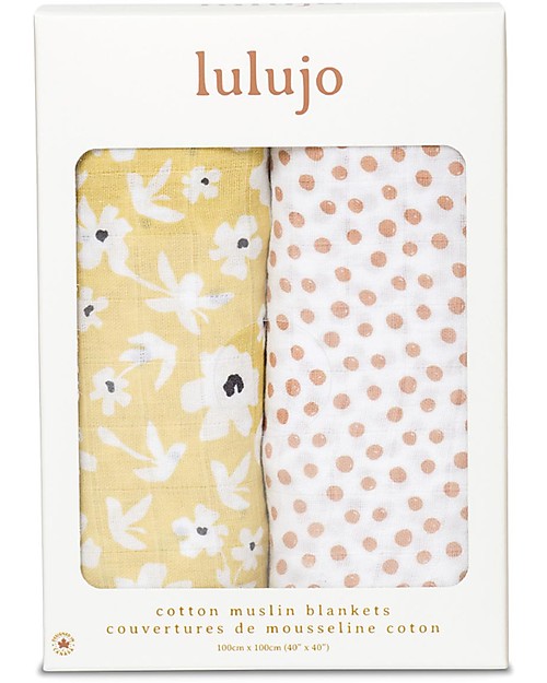 Lulujo Baby Set di 2 Copertine Swaddle 100 x 100 cm - Boho - 100% Cotone - Fiori di Campo+Pallini Swaddle di Mussola