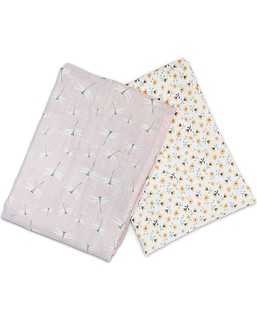 Lulujo Baby Set di 2 Copertine Swaddle 100 x 100 cm - Boho - 100% Cotone - Floreale Vintage+Libellula Swaddle di Mussola