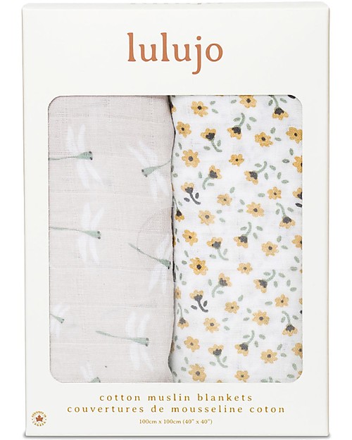 Lulujo Baby Set di 2 Copertine Swaddle 100 x 100 cm - Boho - 100% Cotone - Floreale Vintage+Libellula Swaddle di Mussola